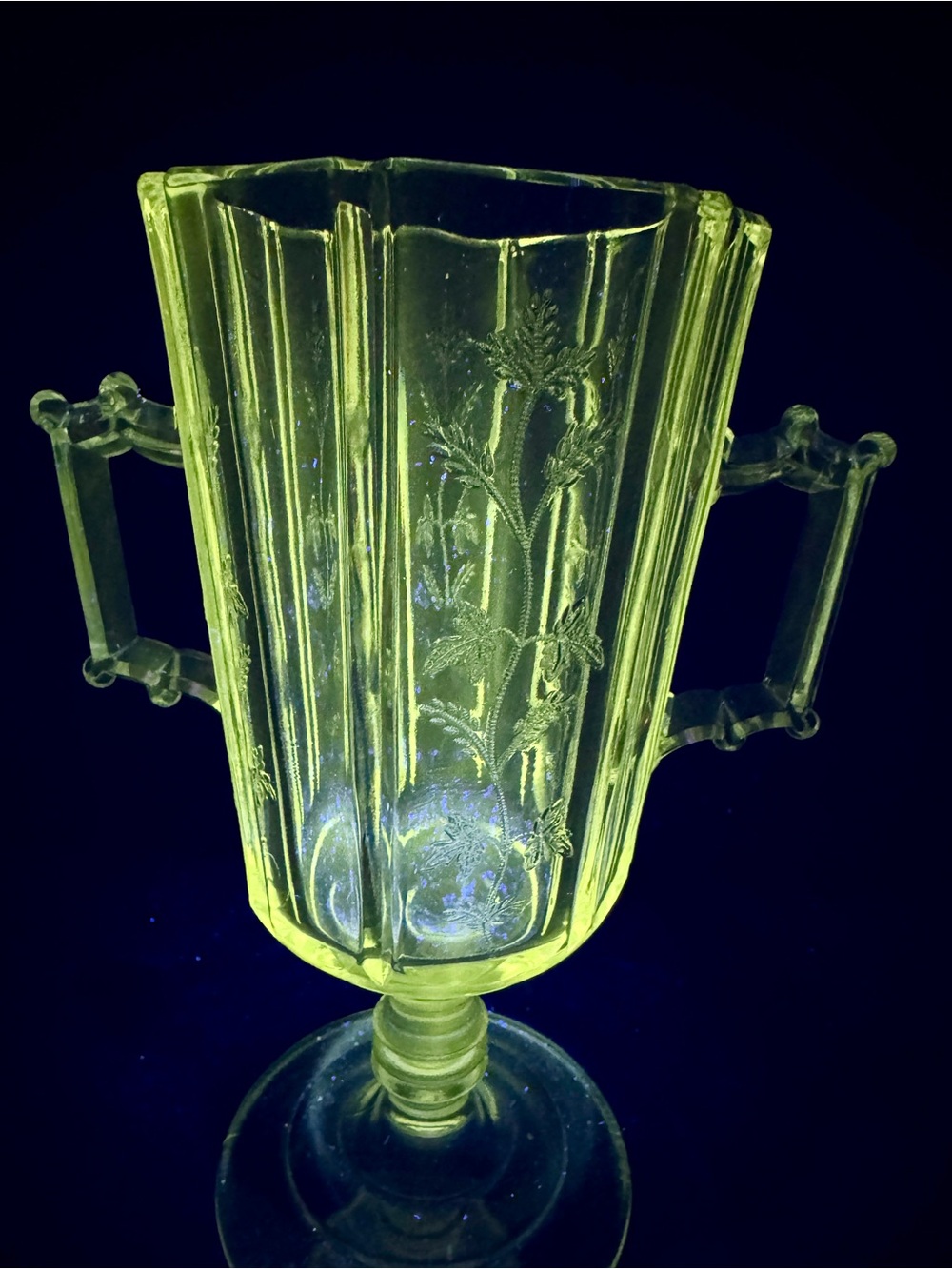 Large Vintage Manganese UV Glow Clear Glass Double Handle Etched Thistle Vase